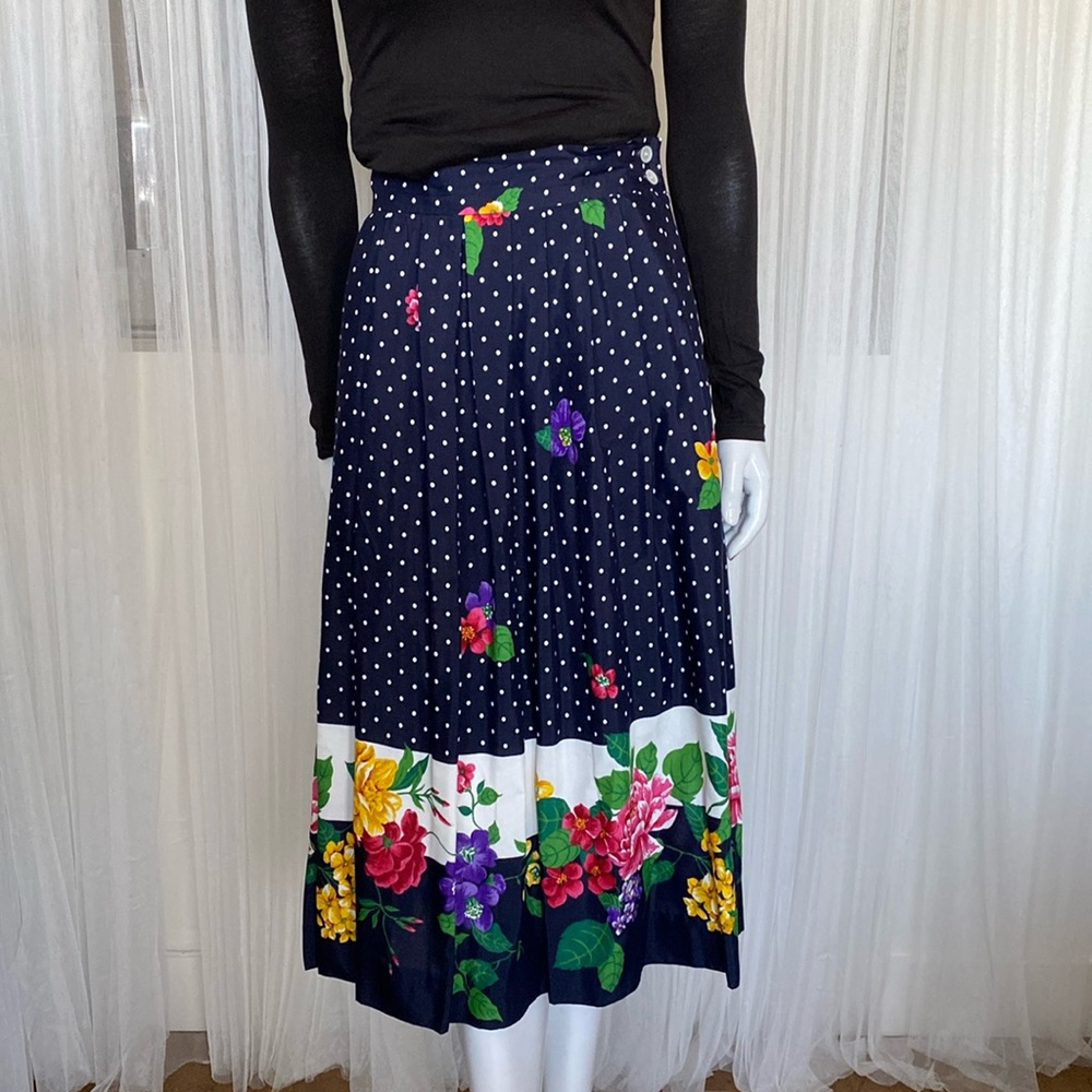 Vintage J H Collection pleated/flare long skirt, polka dots/flowers! Size 12